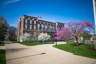 UK Main building surrounded by flowering spring trees