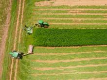 Aerial view of farm equipment on a field